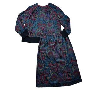 VTG 80s Leslie Fay Paisley Black Red Piping Trim Blouson Skirt Set XL